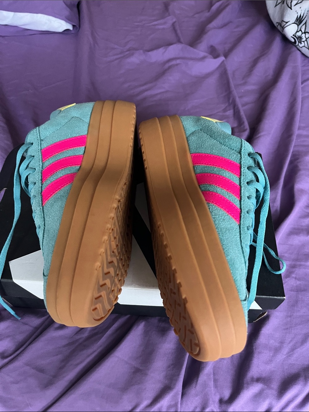adidas VL Court Bold J Teal Suede Platform Sneakers with Pink Stripes & Gum Sole - Picture 4 of 6